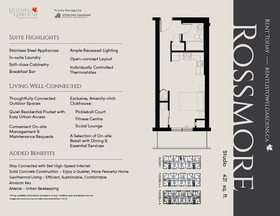 A page from a brochure for a property in Rossmore, highlighting the suite features, living well-connected, and added benefits.