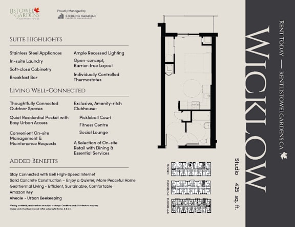 A page from a brochure advertising a studio apartment for rent.
