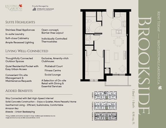 A Brookside apartment floor plan with a list of suite highlights and added benefits.