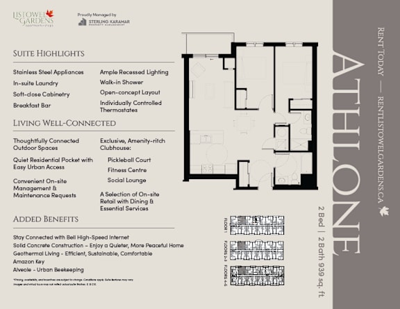 A flyer for a suite highlighting the amenities and a floor plan.