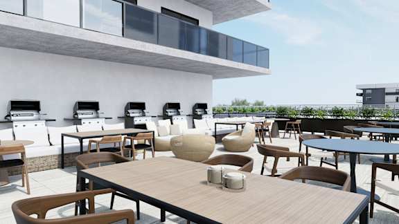 Rooftop bbq seating area at Damask, Windsor, N8S 3N4