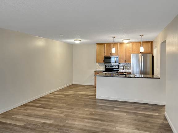A kitchen area with a counter and cabinets.