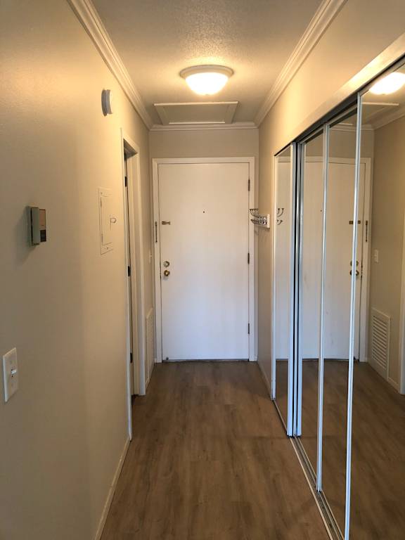 A hallway with a white door and a white wall.