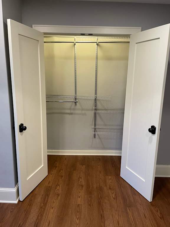 A white pantry with a door open to a walk in closet.