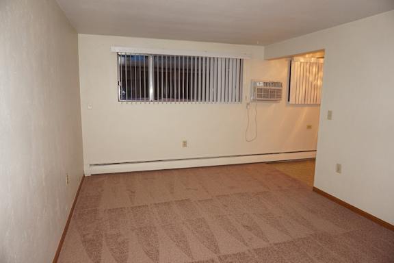 A room with a window and a carpet on the floor.
