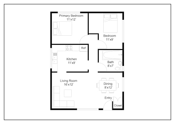 A floor plan of a house with a living room, dining room, kitchen, two bedrooms and a bathroom.