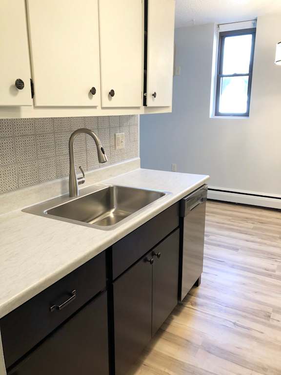 A kitchen with a sink and cabinets.
