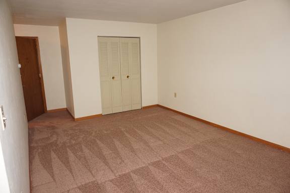 A room with a brown carpet and a white door.
