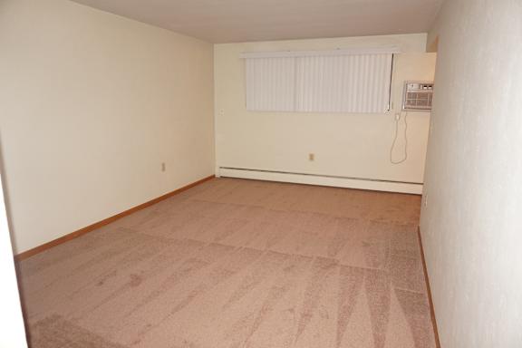 A room with a carpeted floor and a window with blinds.