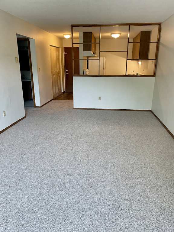 A room with a carpeted floor and a white wall.