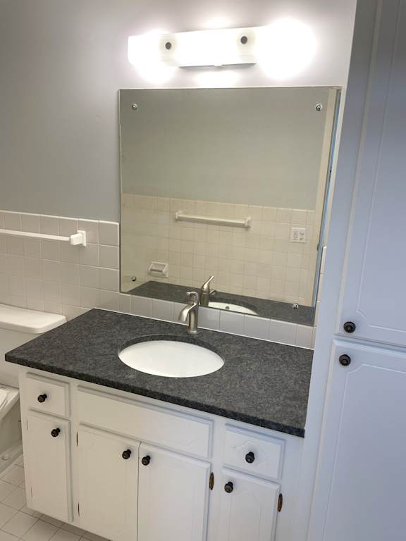 A bathroom with a sink and a mirror.