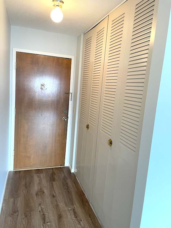 A hallway with a brown door and white walls.