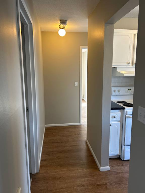 A hallway with a light on and a kitchen in the background.