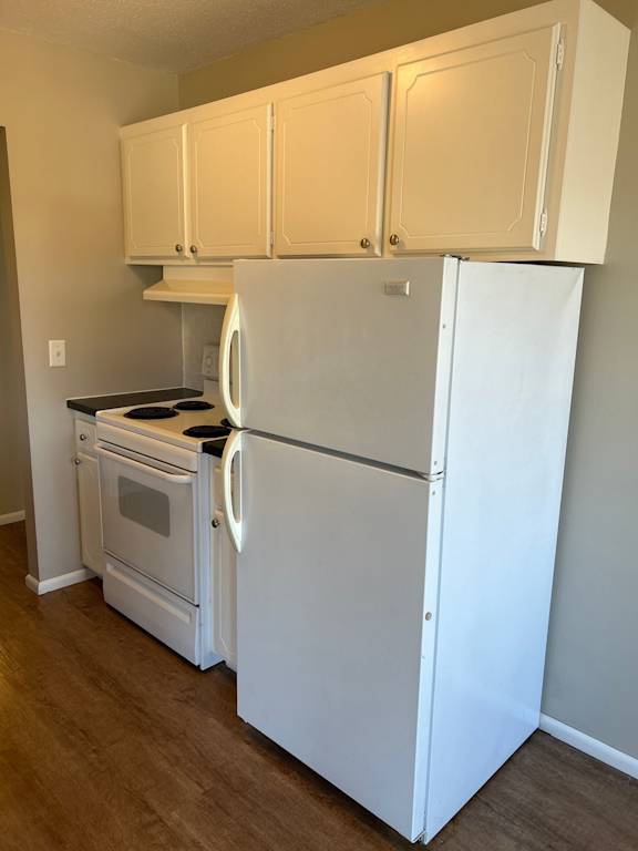 A white refrigerator with a black stove and oven beneath it.