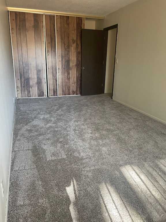 A room with a carpeted floor and a wooden door.