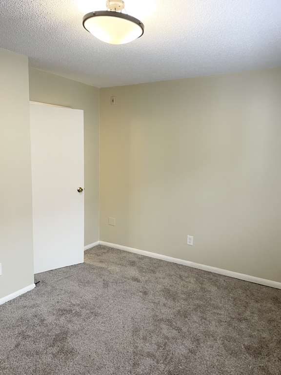 A room with a carpeted floor and a white door.
