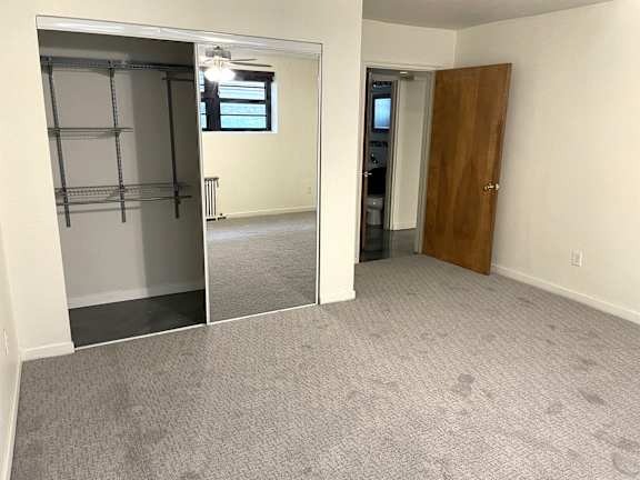 A room with a grey carpet and a wooden door.