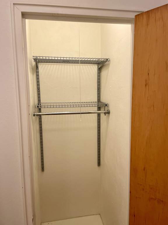 Empty shelves in a white closet.