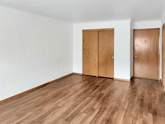 A room with wooden floors and two wooden doors.