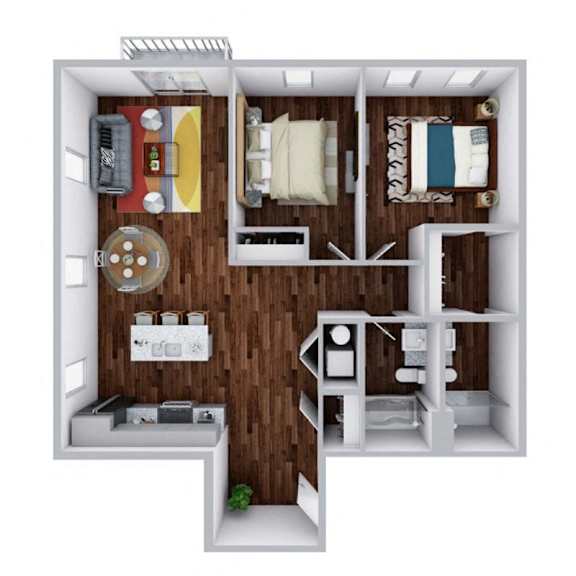 A 3D floor plan of a small apartment with a kitchen, living room, and bedroom.