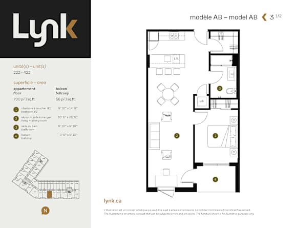 AB 422 Floor Plan at Lynk De la Savane Apartments, Montreal, QC, H4P 0E2