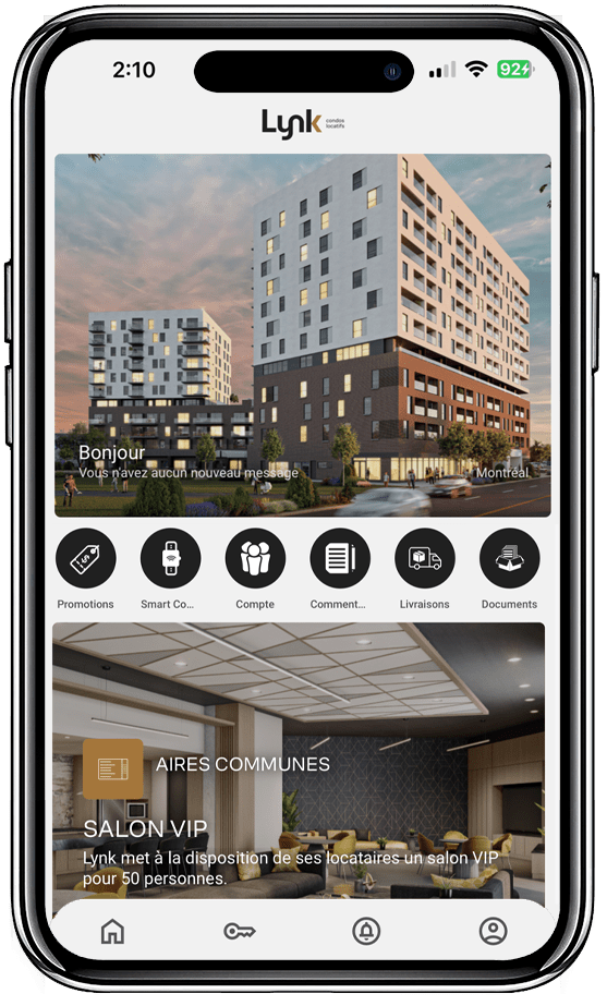A smartphone displaying a real estate website with a building image and a VIP salon offer.