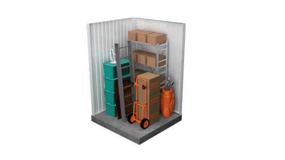 A 3D rendered image of a storage room with a green container, a blue container, and a stack of boxes.