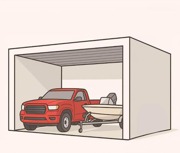 A red truck is parked inside a garage with a boat on the back.