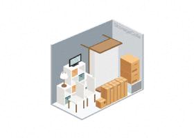 A 3D isometric view of a room with a desk, a chair, a bookshelf, and a cabinet.