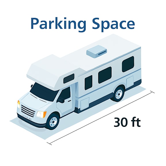A graphic of a white RV with the words "Parking Space" and "30 ft" indicating its dimensions.