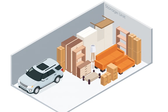A car is parked outside a storage unit.