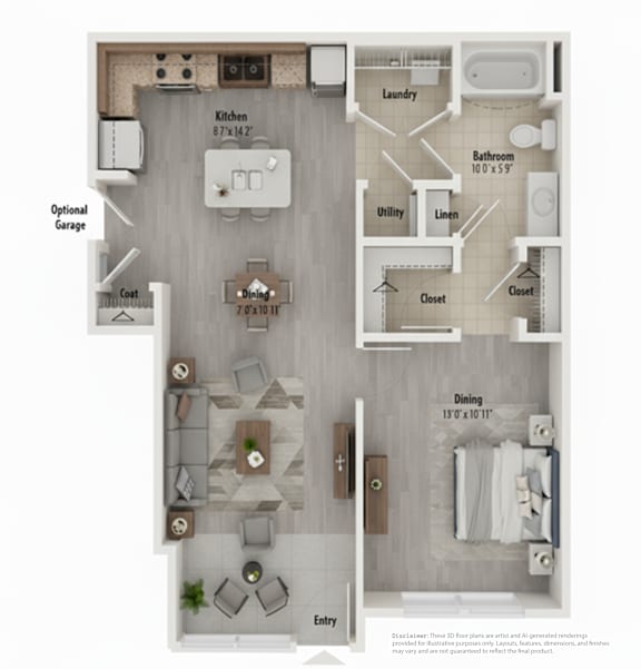 A floor plan of a house with a kitchen, laundry room, and dining area.