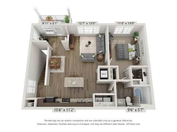 A 3D floor plan of a two-bedroom apartment.