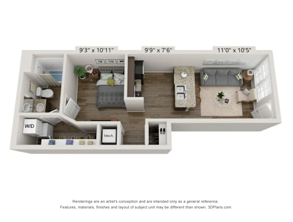 A floor plan of a small apartment with a kitchen, living room, and bedroom.