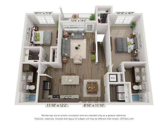 A 3D floor plan of a two-bedroom apartment with a living room, kitchen, and bathroom.