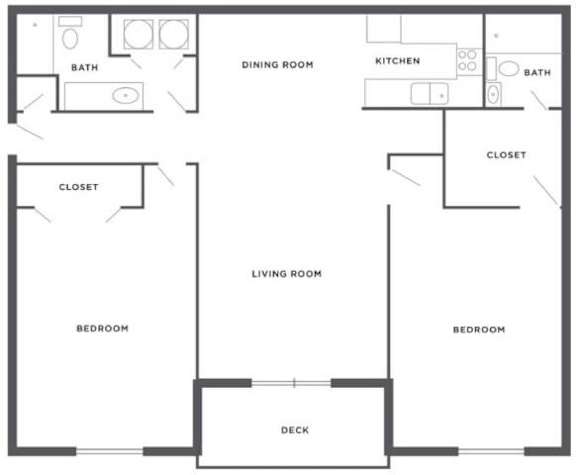 A floor plan of a house with a living room, two bedrooms, a dining room, a kitchen, and two bathrooms.