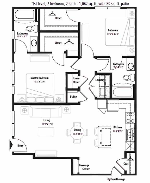 A floor plan of a 2 bedroom, 2 bath condo with a living area, kitchen, and laundry room.