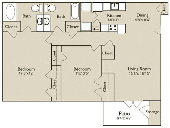 A floor plan of a house with a kitchen, dining room, living room, two bedrooms, a bathroom, a closet, a pantry, and a storage area.