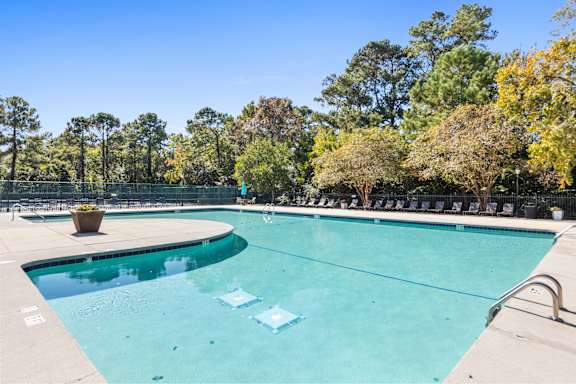 A large outdoor swimming pool surrounded by trees.