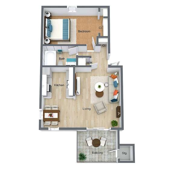 A floor plan of a house with a bedroom, bathroom, kitchen, living room, and balcony.