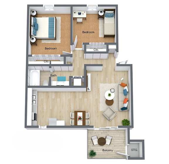A floor plan of an apartment with two bedrooms, a balcony, and a storage area.