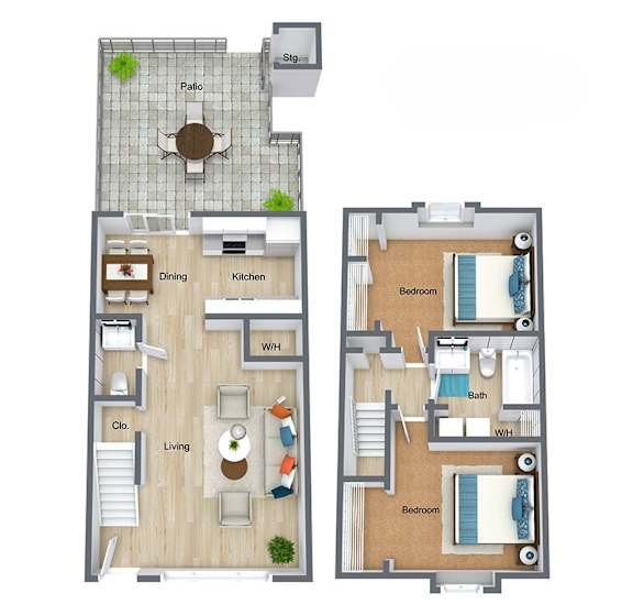 A floor plan of a two-story apartment with a living room, dining room, kitchen, and bedrooms.