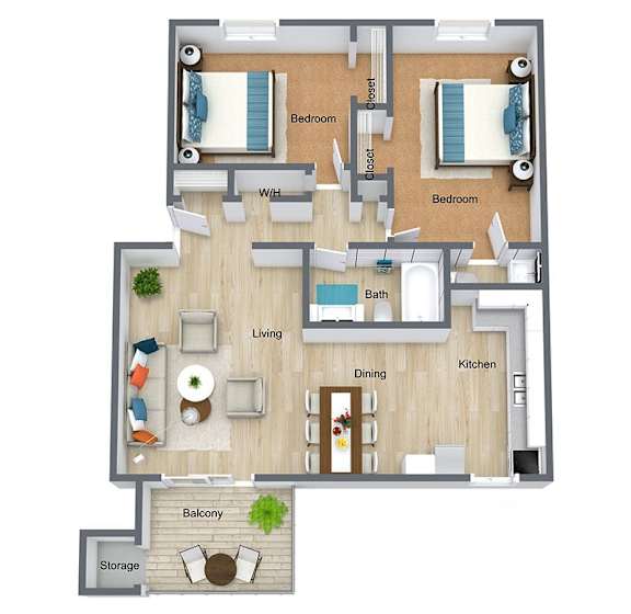 A floor plan of a house with two bedrooms, a living room, a dining room, a kitchen, a balcony, and storage.