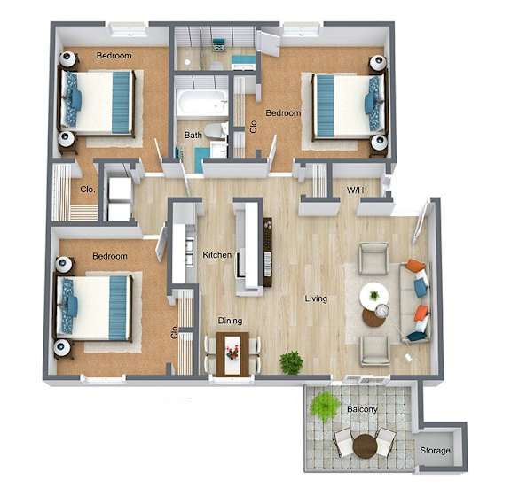 A floor plan of a house with labeled rooms such as Bedroom, Bath, Kitchen, Living room, Dining, and Balcony.