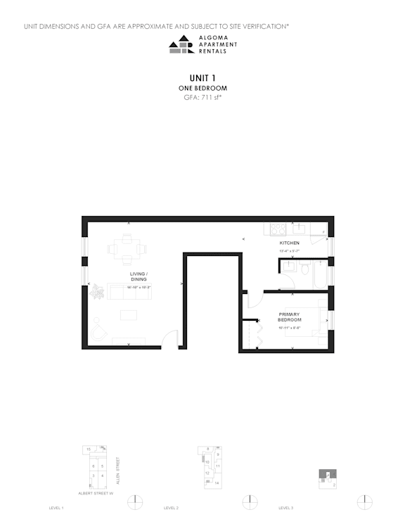 A floor plan of a one bedroom apartment with a kitchen and bathroom.