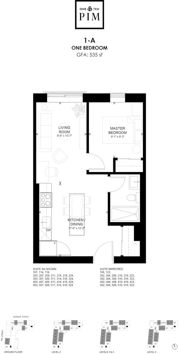Floor plan for a one bedroom apartment.