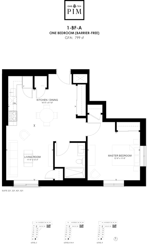 A black and white image of a floor plan for a one bedroom apartment.