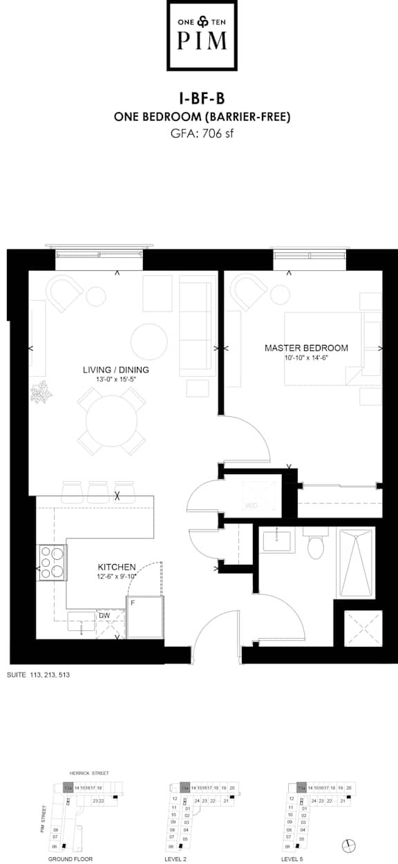 A floor plan of a one bedroom apartment with a kitchen and living room.