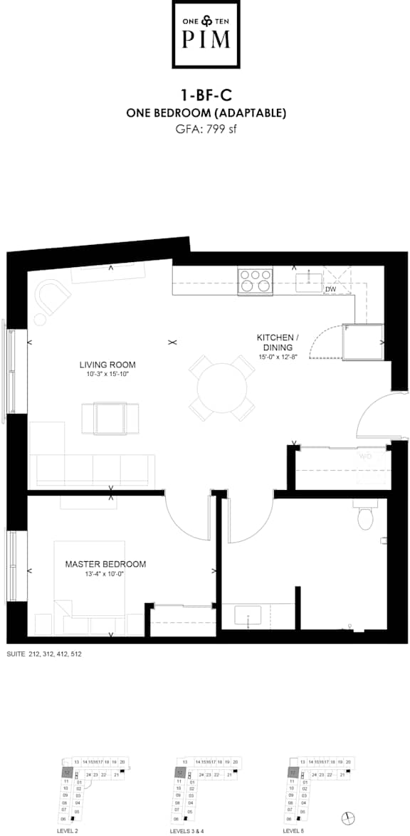 A black and white image of a one bedroom apartment floor plan.