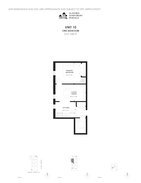 A floor plan and elevations of a one bedroom unit.